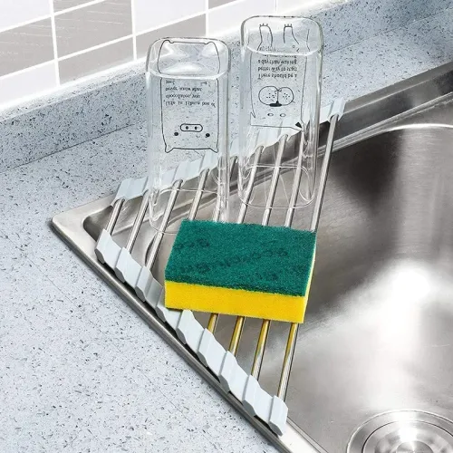 Roll Up Over The Sink Drying Rack Organizador de pia de cozinha Esponja Pano Titular Escorredor de aço inoxidável dobrável Pr...
