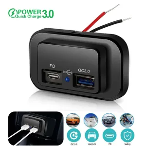 Carregador de carro Soquete de Carga Rápida, Dual USB Power Adapter, Outlet LED Light, Fit para Motocicleta, Auto, Caminhão, ...
