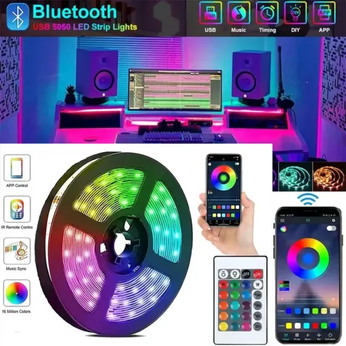Luzes LED Strip inteligentes com controle remoto, 5050 RGB, Bluetooth, APP, USB, 5V, Diodo, Fita flexível, Lâmpada para TV Fe...
