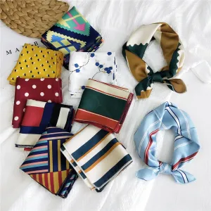 Lenço de seda quadrado de cetim 50cm, lenço de pescoço moda feminina, arco com pontos florais elegantes retrô, primavera verã...