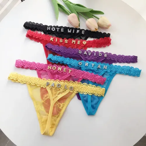 Personalizado Tanga Nome Brilhante Carta Lace Calcinhas tanga Sexy Personalizado G-String Bikini Jóias Namorada Esposa Valent...