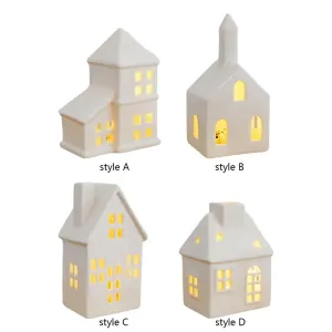 Decoração de mesa branca iluminada com vila de Natal para férias em