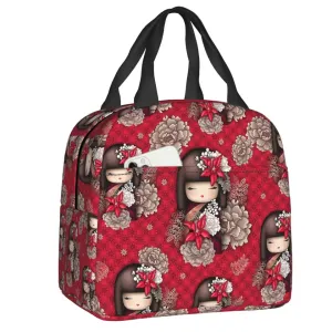 Personalizado vermelho sakura kokeshi boneca japonês isolado almoço saco para mulheres à prova de vazamento refrigerador térm...