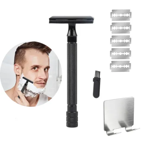 Navalha de segurança com escova clássico masculino, depilação suave, borda dupla, aço inoxidável, lâminas de máquina de barbe...