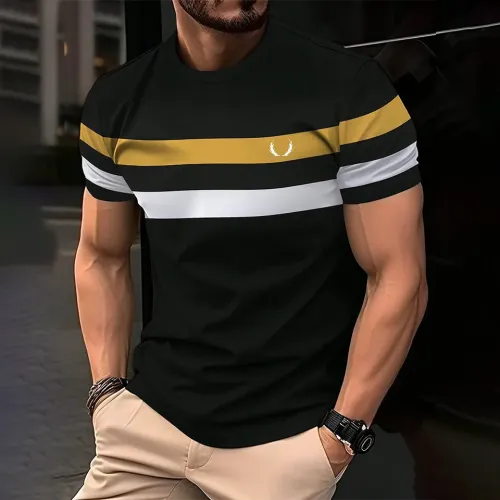 Camiseta com estampa listrada casual simples para homens, moda de rua, tops de verão, manga curta, roupa solta, camiseta de g...