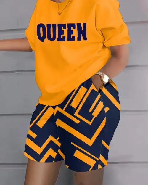 Verão casual solto impressão camiseta conjunto curto moda feminina o-pescoço retalhos t camisa conjunto de duas peças e bolso...