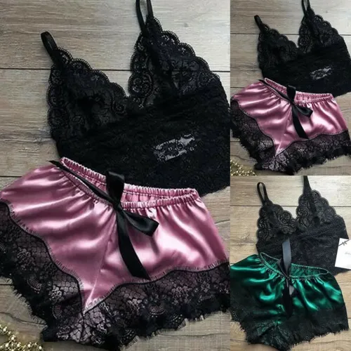 1 conjunto de moda das mulheres rendas pijamas lingerie topos shorts conjunto babydoll pijamas esportes roupa interior nightw...