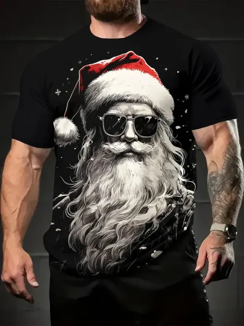 Papai noel 3d impresso camiseta masculina moda presente de feriado de natal masculino em torno do pescoço manga curta oversiz...